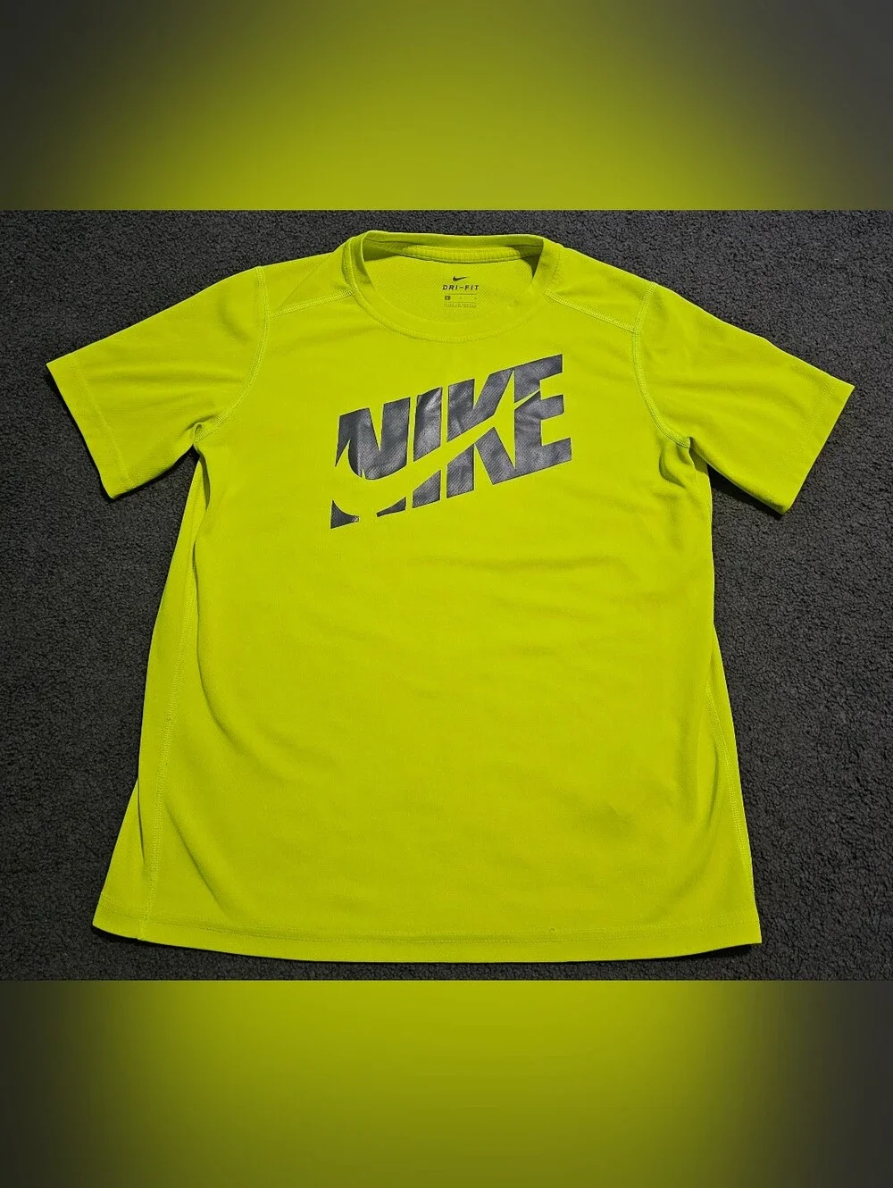Nike Neon Yellow Short-Sleeve Dri-FIT Top with Black Logo Kid's Size Large